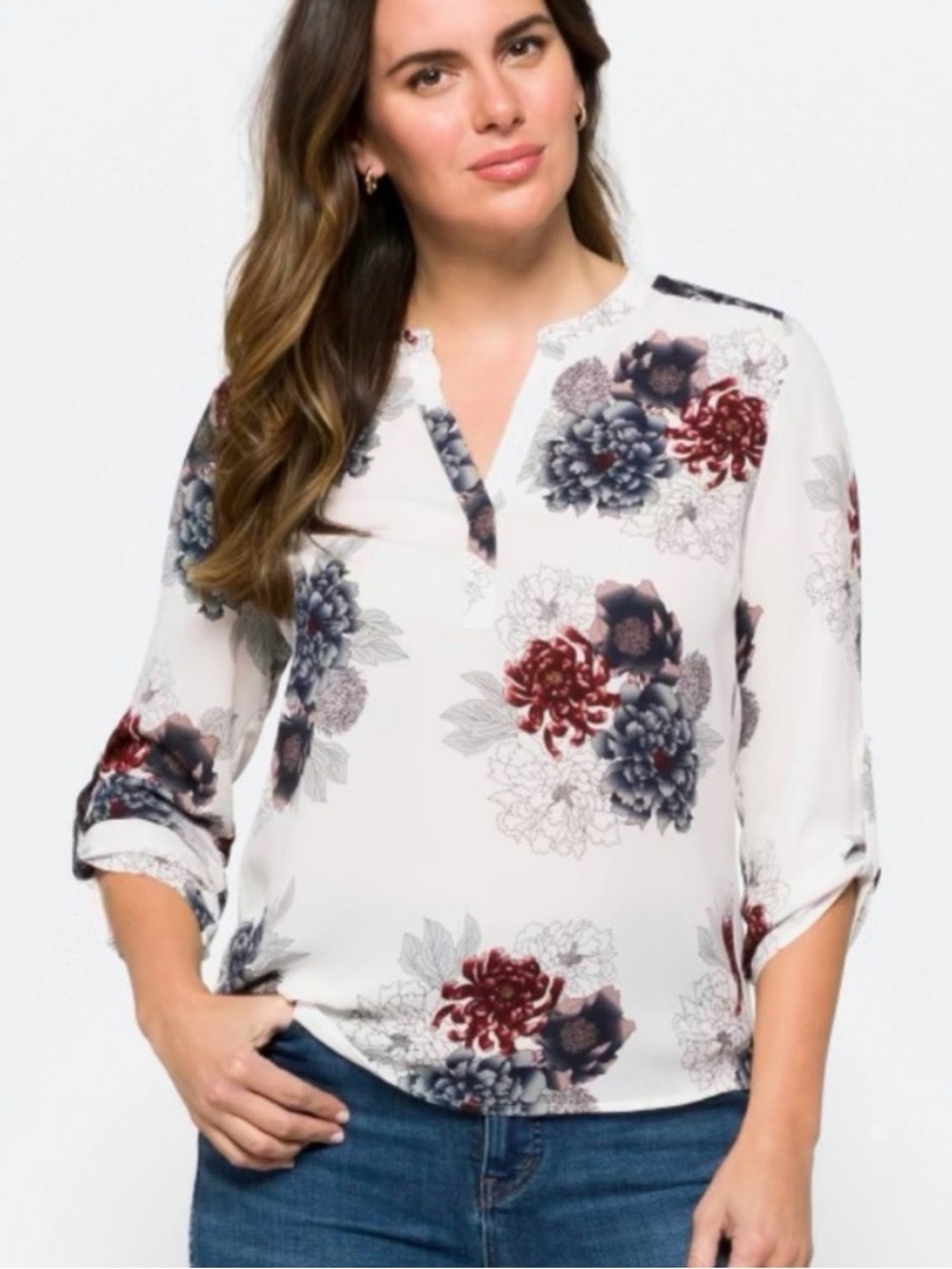 Daniel Rainn White Floral V-Neck Blouse with Burgundy & Navy